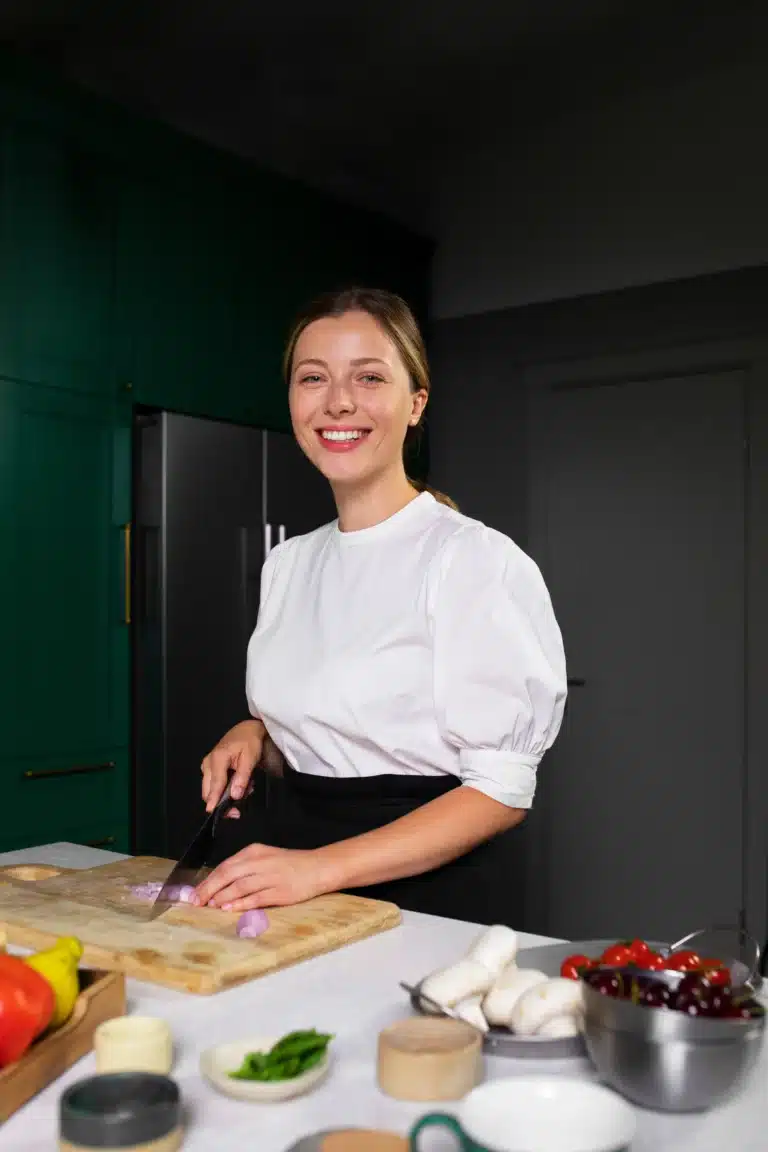 Britt in the Kitchen – SavoryTasty Britt cooking in her home kitchen at SavoryTasty