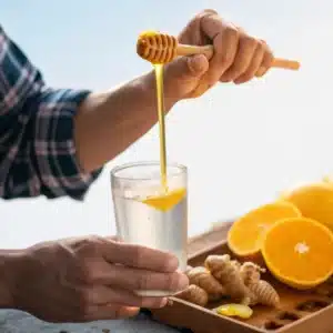 Natural 4 Ingredient Mounjaro Recipe – The Simple, Powerful Brazilian Blend 5 natural 4 ingredient mounjaro recipe Man pouring raw honey into a glass of Mounjaro drink with ginger, orange slices, and water for natural weight loss