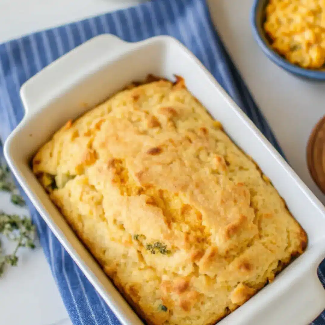 Jalapeño Cornbread with Jiffy Mix – Easy, Moist, and Flavorful Golden baked jalapeño cornbread made with Jiffy mix in a white baking dish