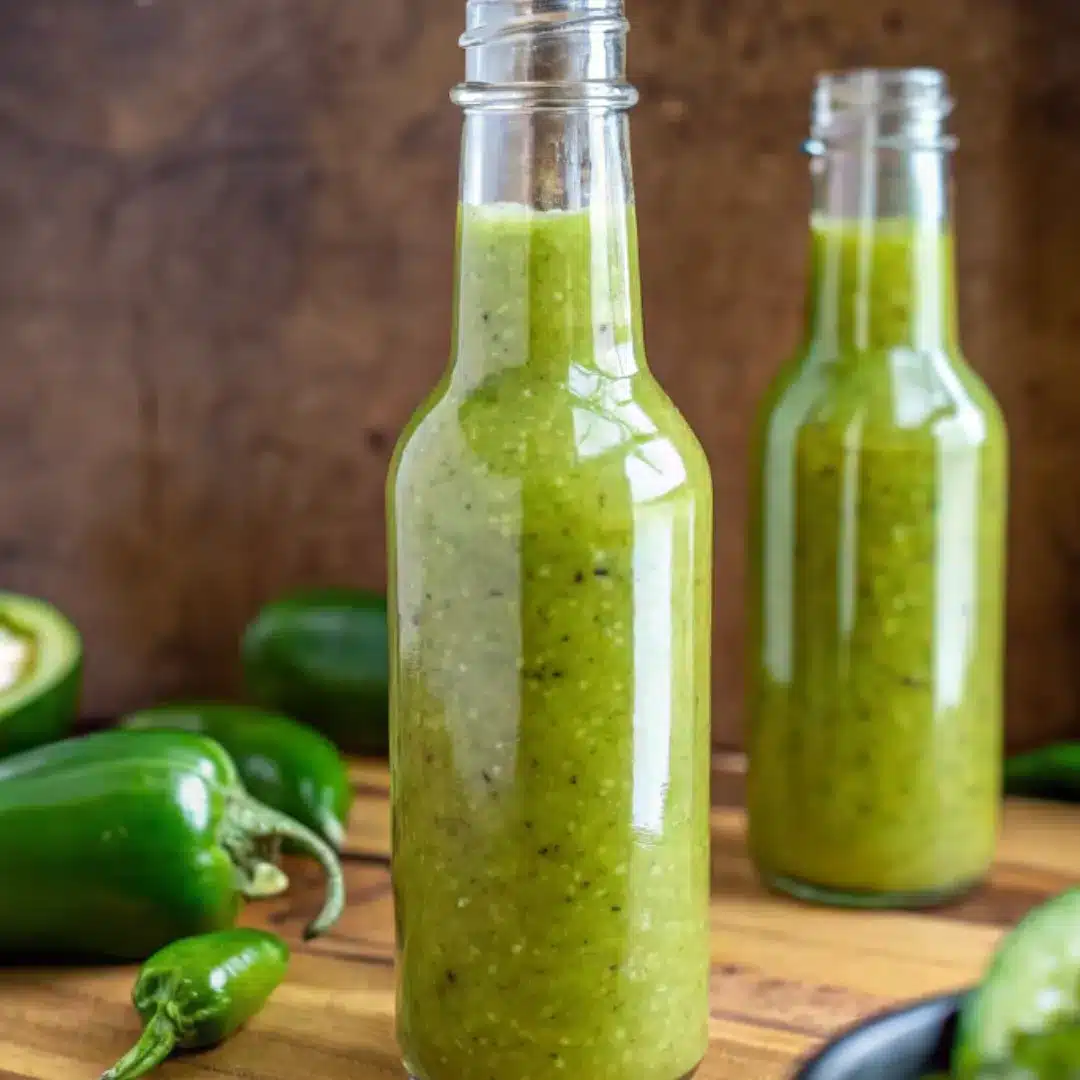 Jalapeño Hot Sauce – Fresh, Fiery, and Homemade Bottles of green jalapeño hot sauce on a wooden board with fresh jalapeños in the background