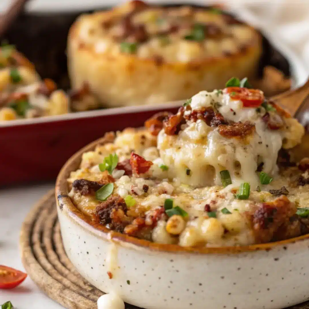 Jalapeño Mac n Cheese – Spicy, Creamy, and Comforting Creamy jalapeño mac and cheese topped with crispy bacon, herbs, and melted cheese in a bowl