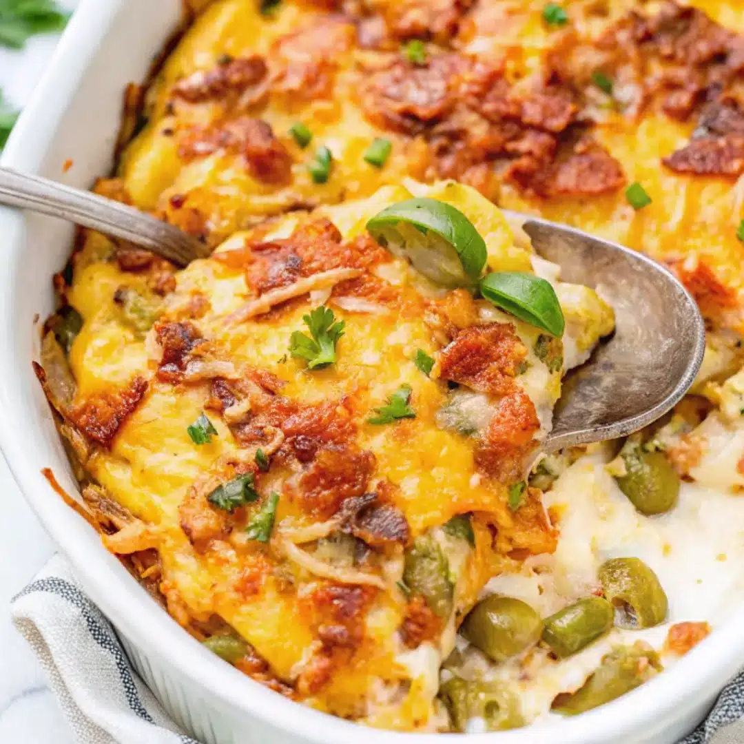 Jalapeño Popper Chicken Casserole – Cheesy, Creamy, and Boldly Spiced Spoonful of cheesy jalapeño popper chicken casserole with bacon and sliced jalapeños in a white baking dish