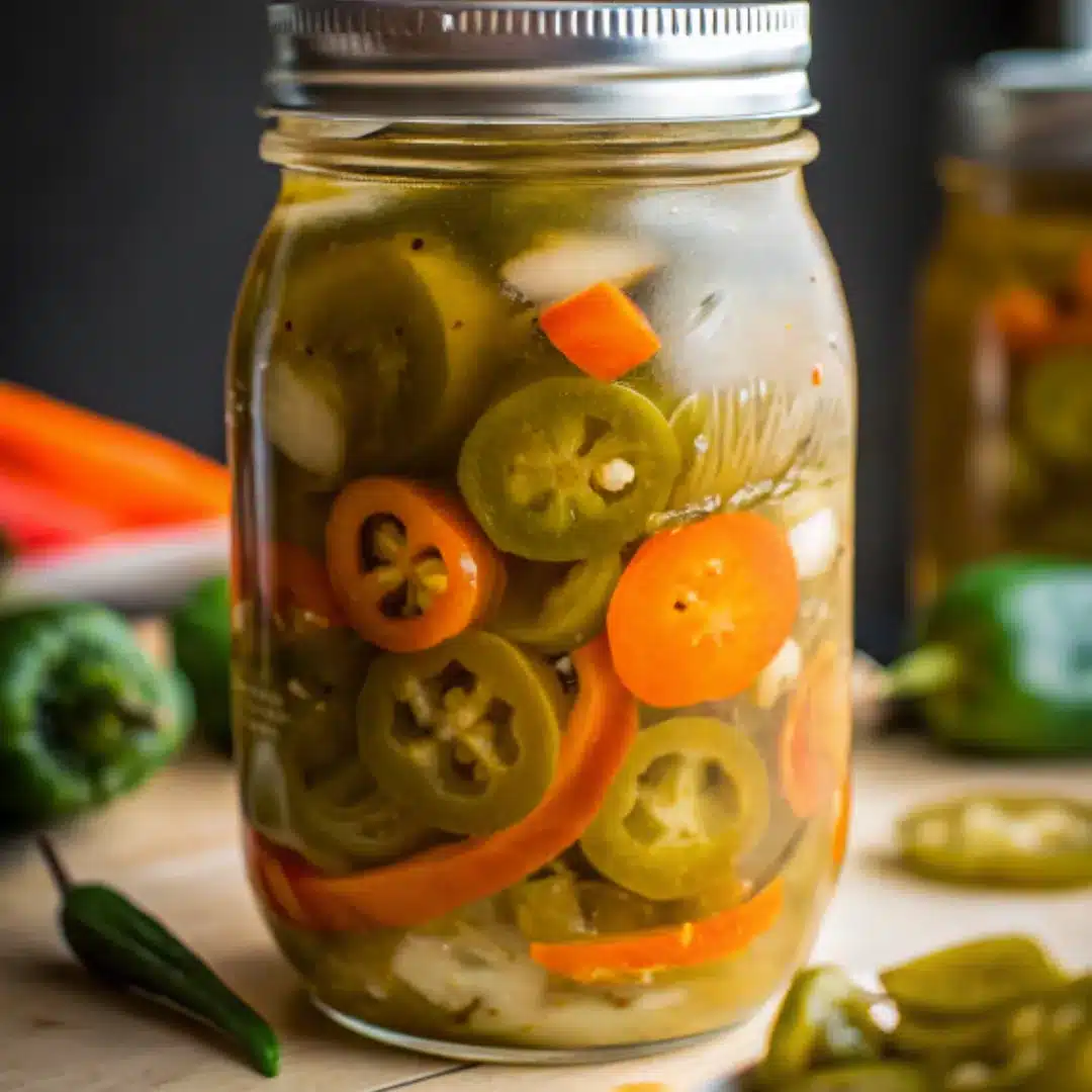Pickled Jalapeños and Carrots – Tangy, Spicy, and Crunchy Jar of pickled jalapeños and carrots with sliced peppers and onions in brine