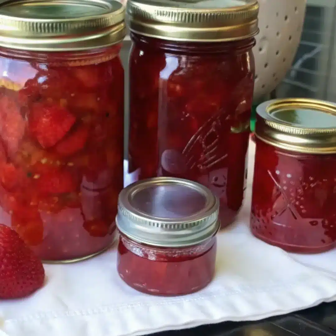 Strawberry Jalapeño Jam – Sweet, Spicy, and Spreadable Jars of homemade strawberry jalapeño jam in various sizes on a white cloth