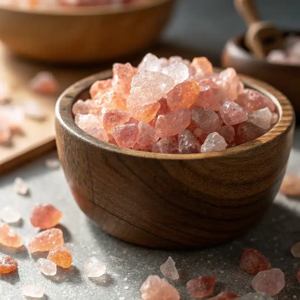 coarse himalayan pink salt- himalayan pink salt for asthma crystals in a wooden bowl for asthma therapy
