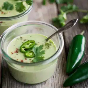 Cream of Jalapeno Soup: Where Has This Zesty Comfort Been All My Life? 5 A bowl of cream of jalapeno soup garnished with sliced peppers and cilantro
