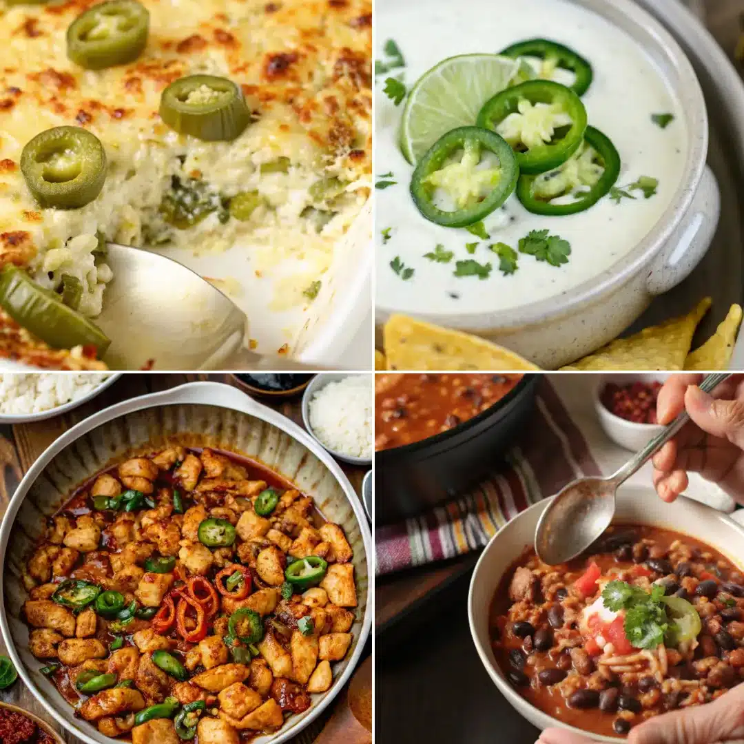 Spicy and Savory Jalapeno Recipes for Every Occasion Collage of spicy jalapeno chicken, jalapeno casserole, creamy dip, and chili bowl with beans