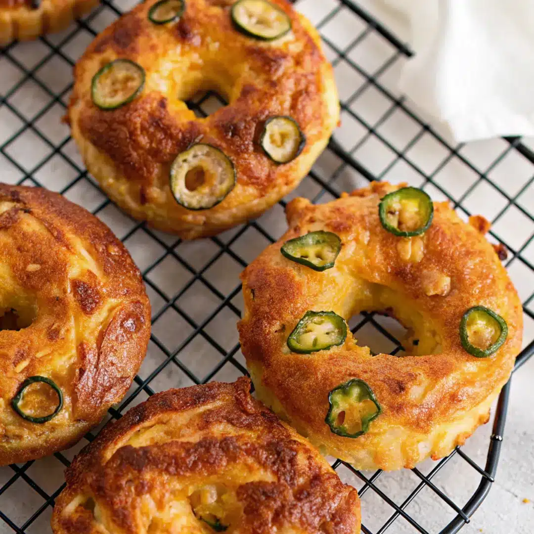 Cheesy Jalapeño Bagels – Spicy, Golden, and Freshly Baked Homemade jalapeño bagels with golden crust and sliced jalapeños on a cooling rack