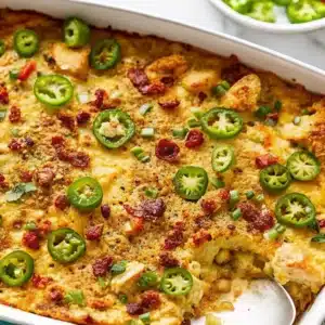 Jalapeno Popper Casserole: The Ultimate Cheesy Comfort Food Favorite 1 Freshly baked jalapeno popper casserole in a white dish with sliced jalapeños and crispy bacon