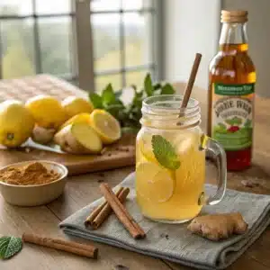 Mounjaro at Home Recipe – A Natural Brazilian Secret Revealed 6 Mounjaro at home detox drink with apple cider vinegar, lemon, ginger, and cinnamon on a rustic kitchen table