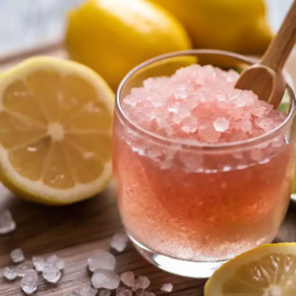 Pink Salt Mounjaro Lemonade with Coarse Crystals Glass of pink salt mounjaro lemonade with lemon slices and coarse salt crystals