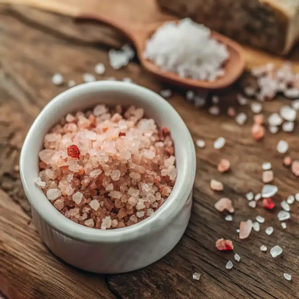 Pink Salt Mounjaro in White Bowl on Rustic Wood Table Pink salt mounjaro in white ceramic bowl on rustic wooden table