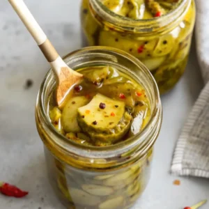 Bread and Butter Pickles: The Tangy-Sweet Favorite Americans Love 5 A jar of homemade bread and butter pickles with a spoon inside