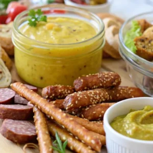 Jalapeno Mustard Sauce: How to Make, Use And Love This Zesty Favorite 3 Close-up of Jalapeno Mustard Sauce yellow dip in a jar with sesame pretzels and sliced sausage