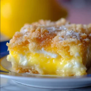 Lemon Cream Cheese Dump Cake – The Best 4-Ingredient Dessert Ever 1 Closeup of gooey yellow dessert with crumb topping and lemon in background