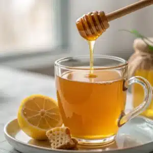 Homemade Mounjaro Drink Recipe: Simple Way to Make It at Home 5 warm honey-lemon tea being sweetened with a honey dipper