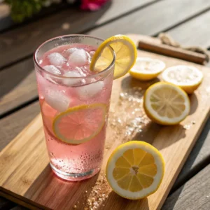 Natural Mounjaro Recipe with Pink Salt – The Proven Pink Trick That Works 4 Sparkling pink drink with lemon slices on wooden board