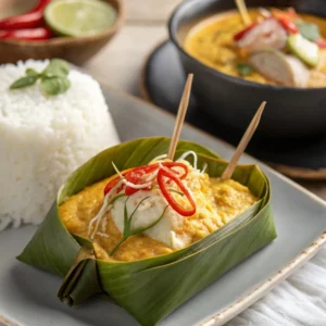 How to Make Amok Curry Recipe Like a Cambodian Chef 2 Traditional Amok curry recipe served in banana leaf with jasmine rice